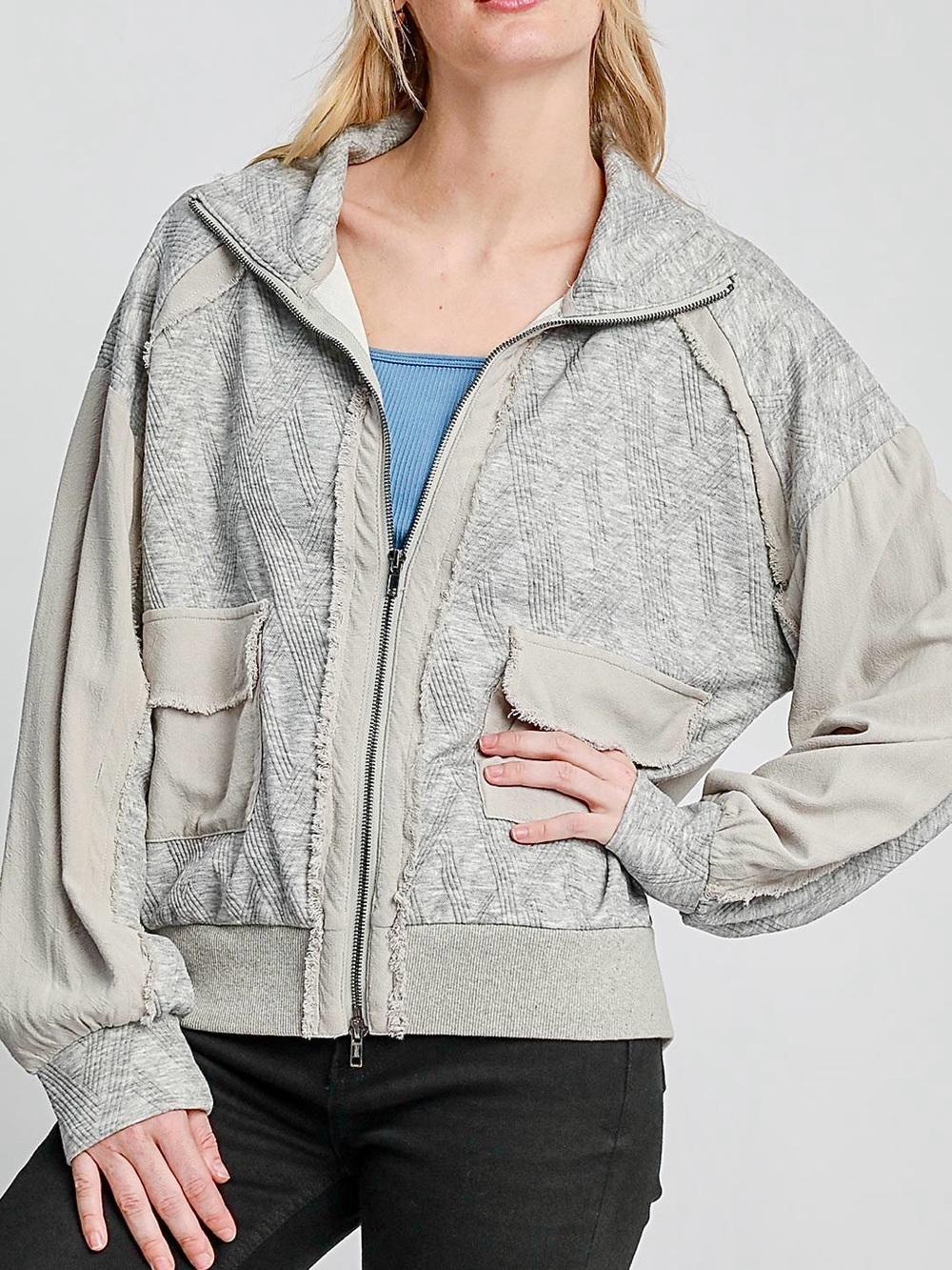♥️Hello Gorgeous! Umgee Two-Way Jacquard Zip-Up Jacket- Heather Gray